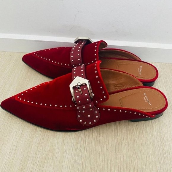 Givenchy Authentic Women's Burgundy Velvet Mules Size 39.5 Flat Slip On Shoes - Picture 5 of 10